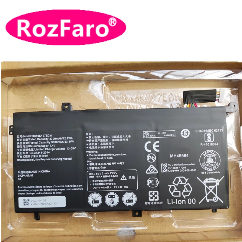 

RozFaro For Huawei Matebook D 2018 I5-8250U I7 MRC-W60800G5M MRC W50 W60 W70 W00 WX0 53010BAJ PL W09 W19 W29 Battery HB46K497ECW