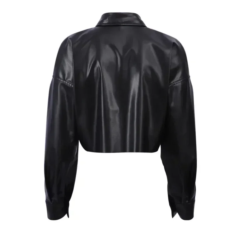 Women's Faux Leather Coat Solid Color Fashion Long Sleeve Turndown Collar Single Breasted PU Motorcycle Jacket