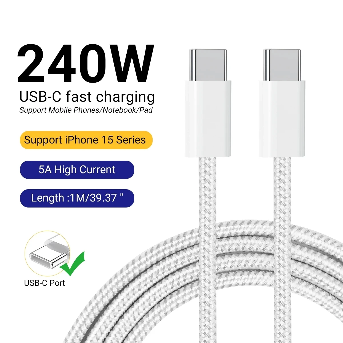 Cable de datos de carga rápida para móvil, Cable de transferencia de datos de 240W PD USB-C a tipo C para Samsung iPhon 15, Pad MacBook Pro, Huawei