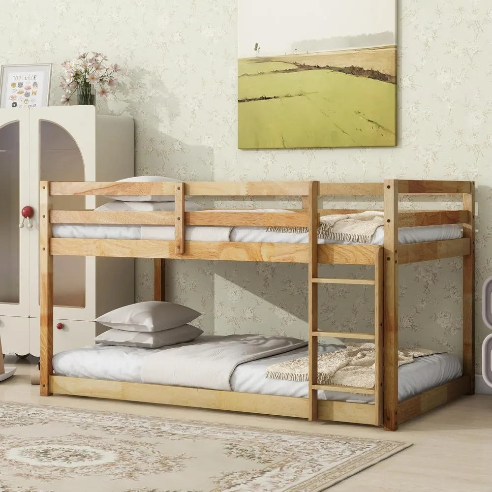 

Bunk Bed Twin Over Twin with Ladder and Safety Guardrails, Solid Wood Low Bunk Beds Frame for Teens and Adults, Twin Size Floor