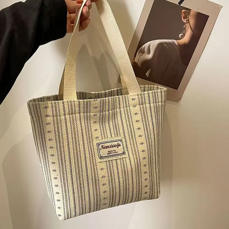 

Japanese Handbag Compact Ladies Handheld Bag Large Capacity Commuting Bag Aesthetic Fashion Striped Tote Bag For Daily Use