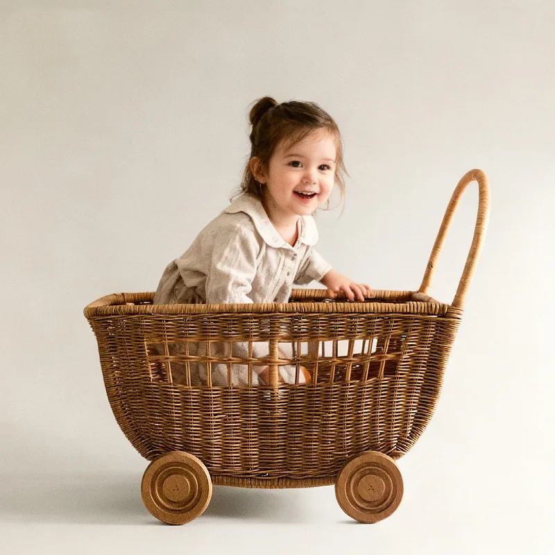 Baby Walker Rattan Push Cart Children's Pretend Play Toy First Birthday Gift Photography Pull Cart Prop