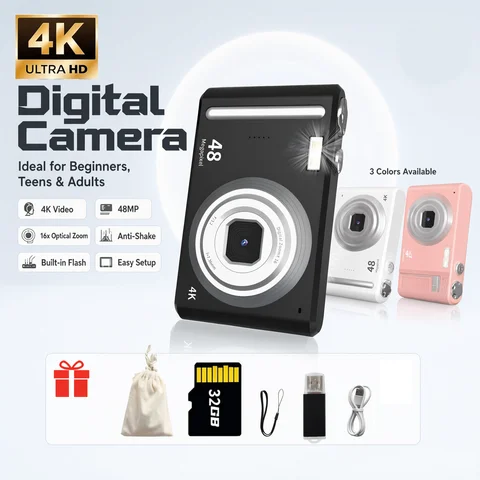 4K Digital Camera for Photography, 48MP Vlogging Camera for YouTube 16X Digital Zoom, Anti-Shake, Compact Point and Shoot Camera for Teens Beginners, Christmas Birthday Gift