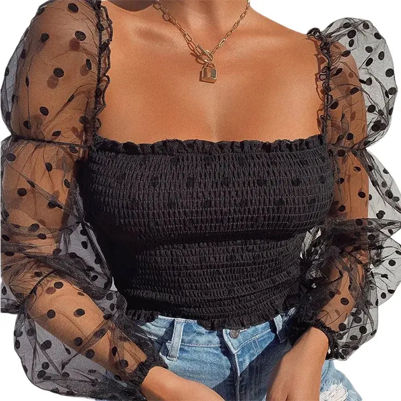 Women\'s Short Top Wave Dotted Sexy Mesh Puffy Long Sleeve See Through Comfortable and Breathable Blouse