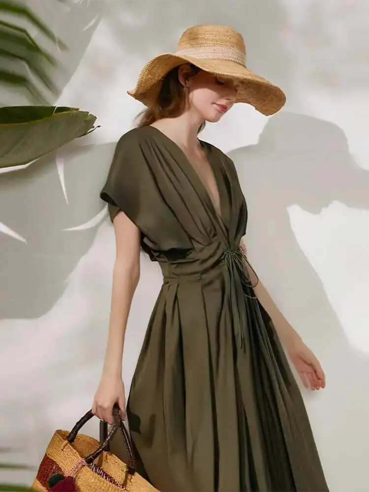 

Летнее плиссированное платье миди А-силуэта для женщин, повседневное, на шнуровке, свободного кроя, с завышенной талией, однотонное, для офиса, для поездок на работу, для улицы, Vestidos 1RU0