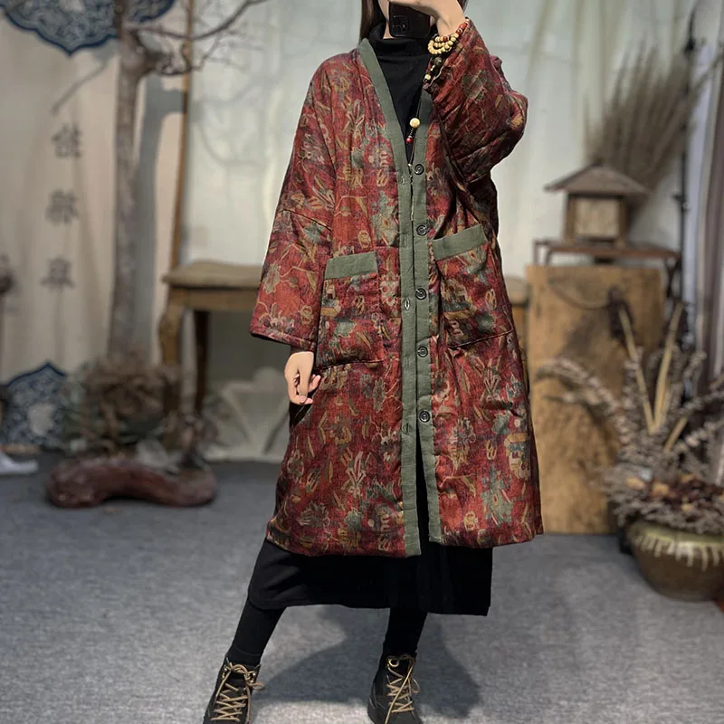 Original Linen Printed Cotton Gown Women's Autumn And Winter Dress Retro Button Loose Version Of Casual Cardigan Seam Coat Long