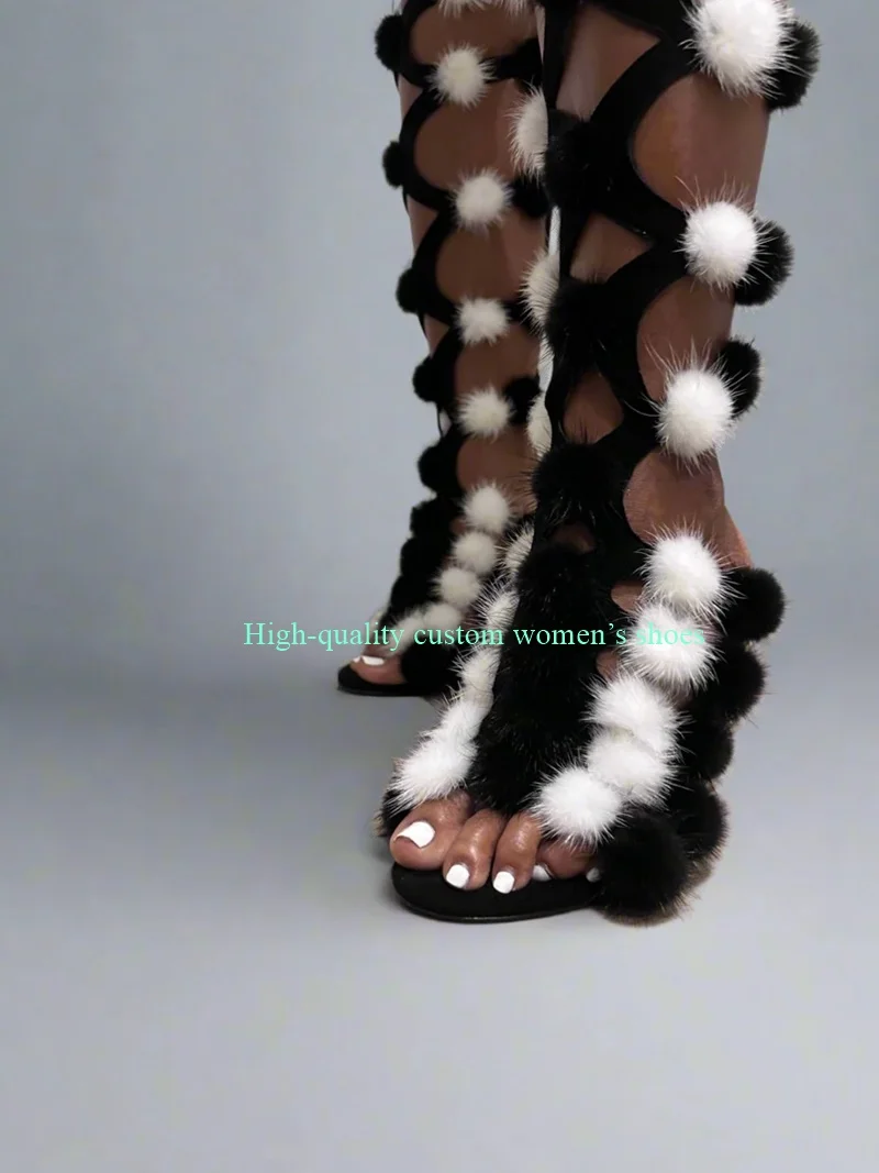 Pointed Toes White Pom-Pom Decorations Black Cross-Mesh Style Summer Boots Hollow Out Banquet Knee-High Luxury Sandals view 2