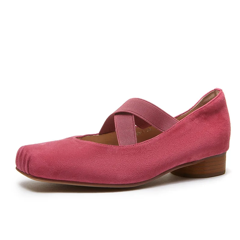 ALA Rising|LE-H Leather Handmade Pig Mouth Ballet Shoes With Cross Heel Sheepskin Mary Jane Women\'s Shoes With Square Head