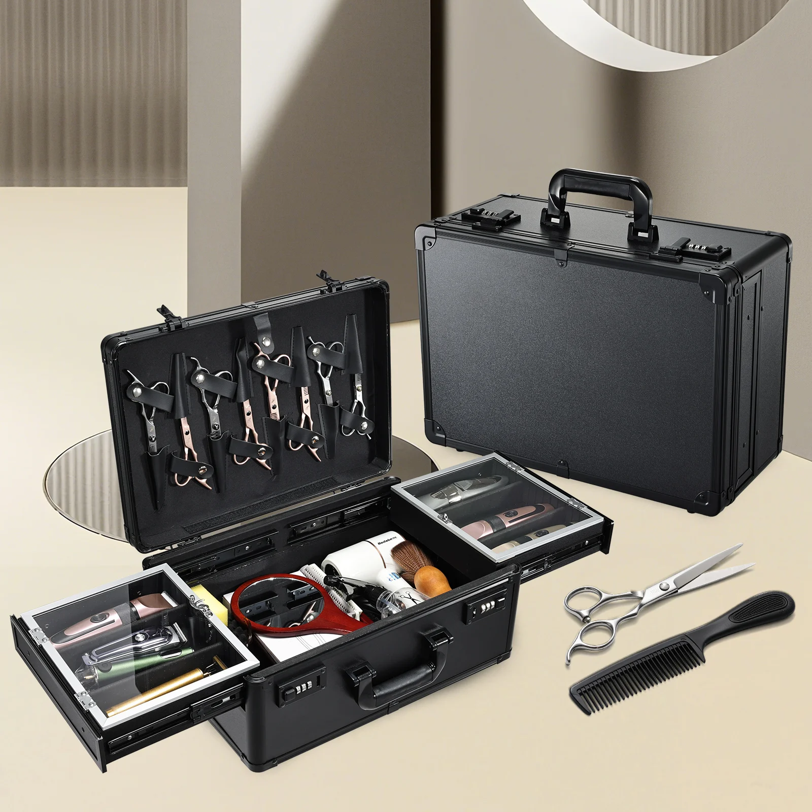 

Barber Case 6 Clippers Sliding Tray, Profesional Barbers Briefcase Tool Case Clipperss Scissors Trimmer organize Travel Suitcase