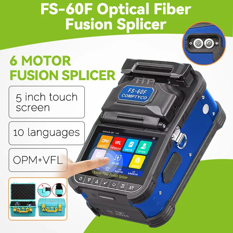 

COMPTYCO FS-60F Fiber Fusion Splicer Machine 6 Motors with Touch Screen OPM VFL Tool Kit 10 Languages