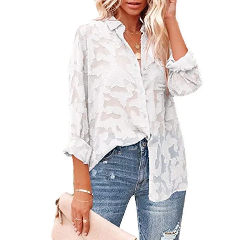 

2025 New Women's Long Sleeved Shirt Chiffon Jacquard Temperament Commuting Semi Transparent Beachwear