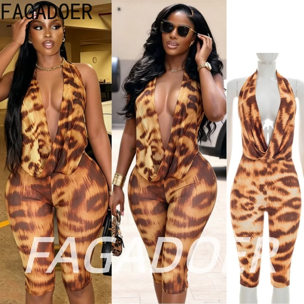 

FAGADOER Sexy Leopard Print Bodycon Romper Fashion Deer Pattern Deep V Lace-up Halter Jumpsuits Summer Streetwear Club Playsuits