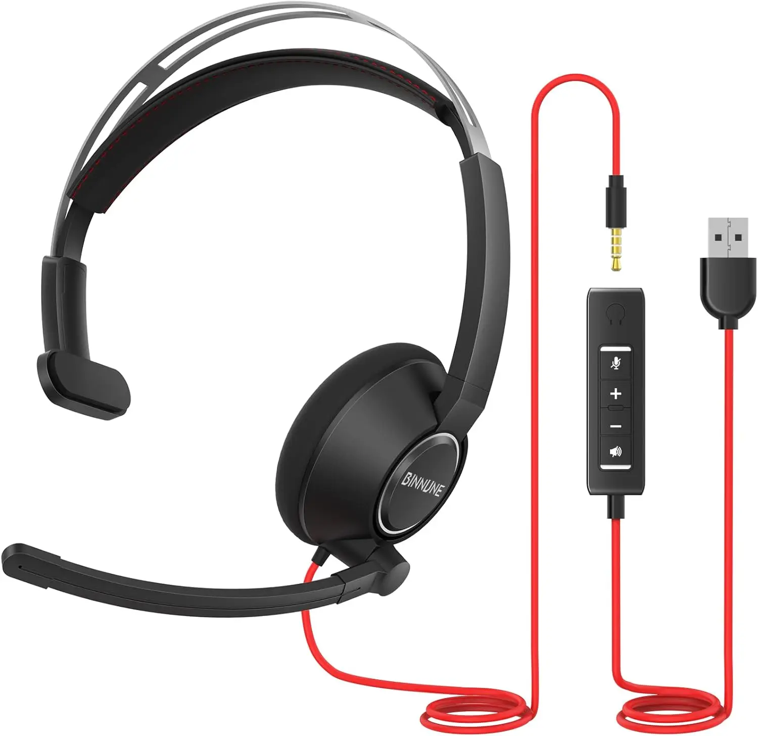 BINNUNE USB-Headset für Büro, Konferenz, Callcenter, Computer, kabelgebundene Arbeitskopfhörer mit geräuschunterdrückendem Mikrofon für Laptop-PC – Detail 1