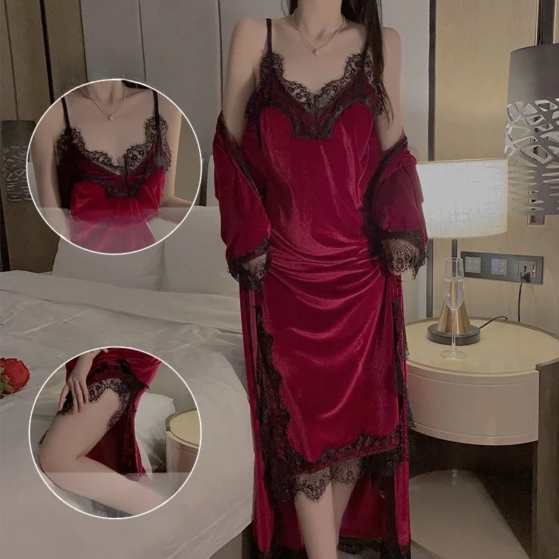 

Пижама женская с разрезом, Соблазнительный топ, ночная рубашка, халат, комплект одежды для отдыха, соблазнительный велюровый сексуальный костюм с длинным узором на осень-зиму и весну