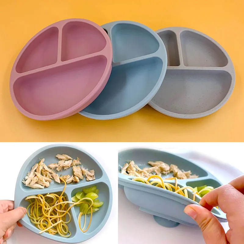 Silicone Placa de jantar para bebês, Otário seguro, Sólidos desenhos animados bonitos, Crianças Pratos, Sucção Toddlers, Talheres de treinamento, Kids Feeding Bowls