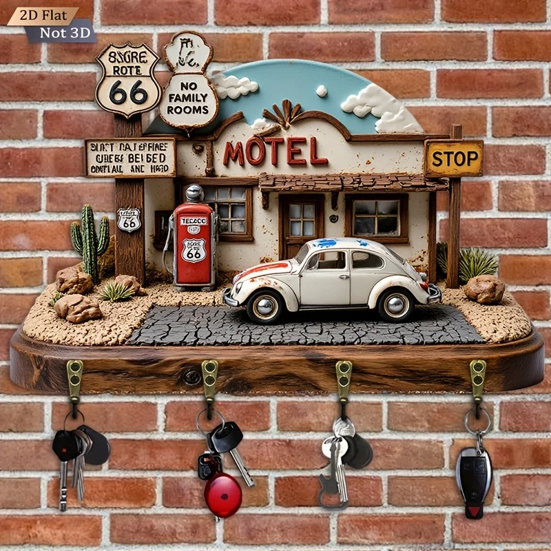 2D Flat. 1pc. Vintage Route 66 Motel Key Hook - Wooden Multi-Functional Decorative Key Holder with Four Metal Hooks, Wall