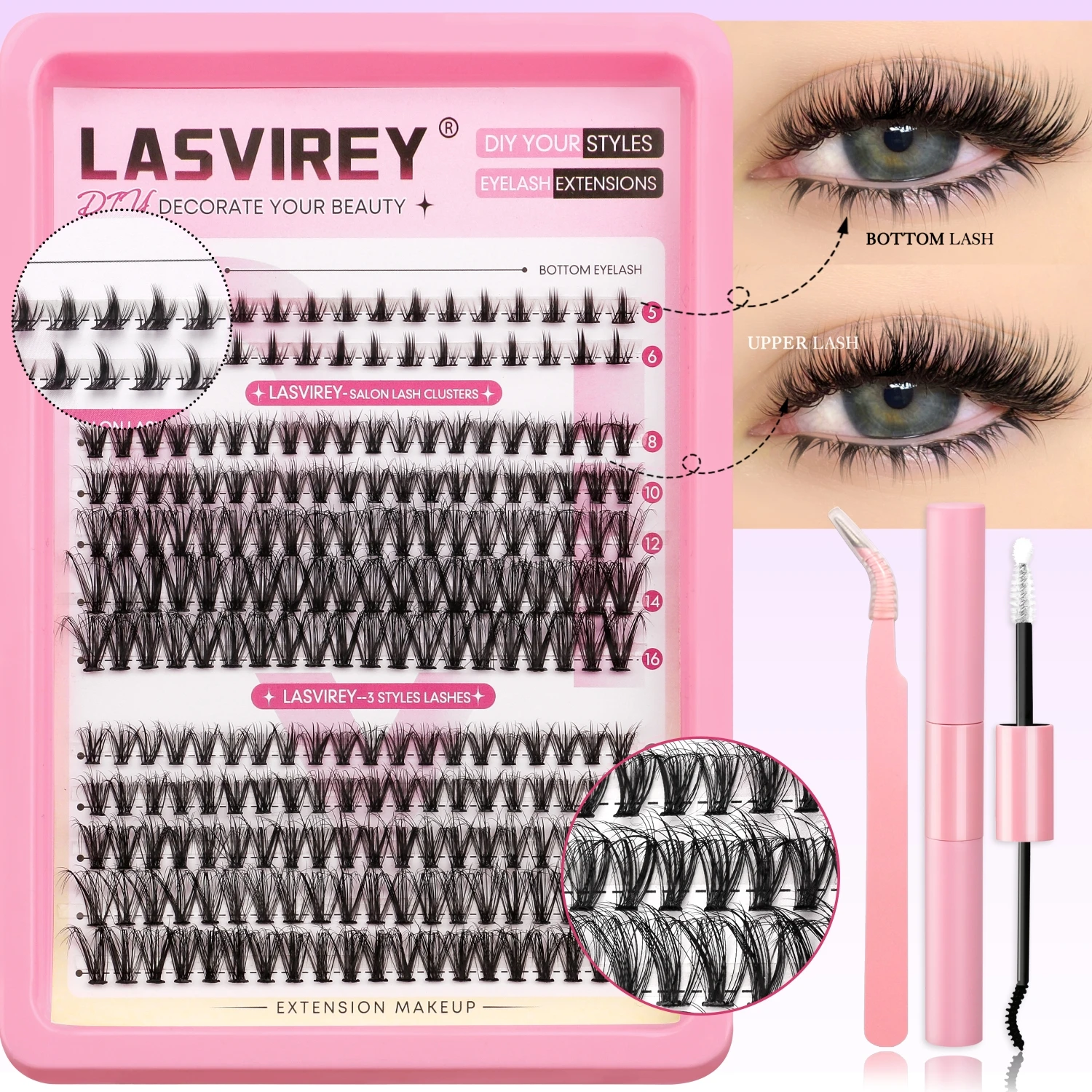 Lasvirey Kit de pestañas postizas DIY, kit de pestañas esponjosas en grupos, pestañas individuales mixtas con extensiones de pestañas inferiores, maquillaje de pestañas postizas en grupo