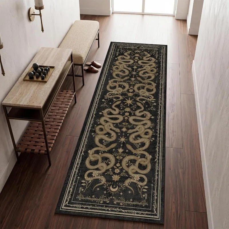 Dark Gothic Snake Runner Rug Soft Non-Slip Carpet Vintage Mystical Boho Occult Moon Star Pattern Area Rug for Bedroom