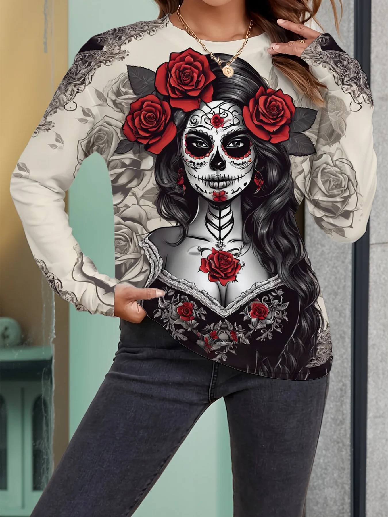 

Day of the Dead Clothing Women's Dark Style Printed Long Sleeve Shirt Polyester Comfortable Round Neck Long Sleeve T-shirt
