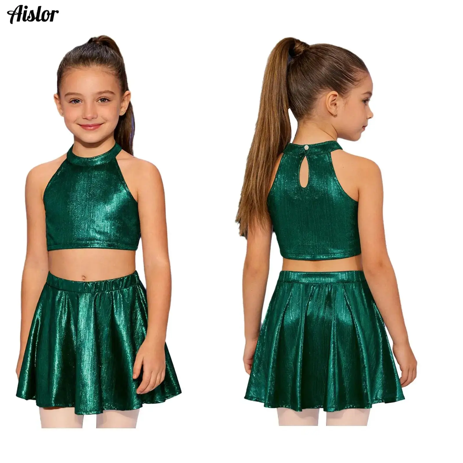 Kids Girl Jazz Dance Outfit Hip Hop Street Performance Set Sleeveless Crop Top+Skirt+Gloves Set for Cheerleading Competition