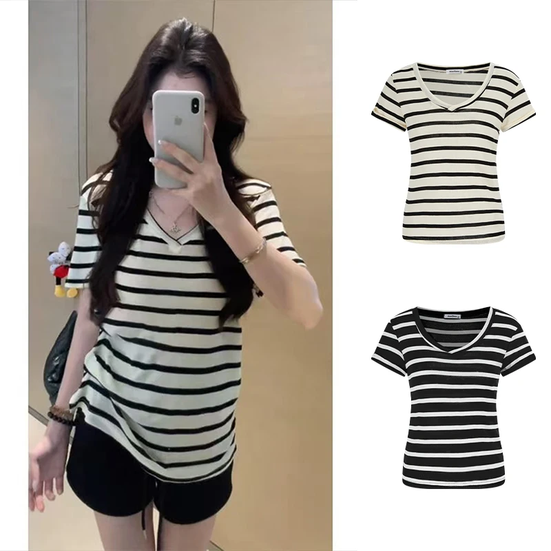 MosesQueen Casual Style Loose Fit Short Sleeve T-Shirt V-Neck Striped Color Block Slimming RAYON Women's Summer Top