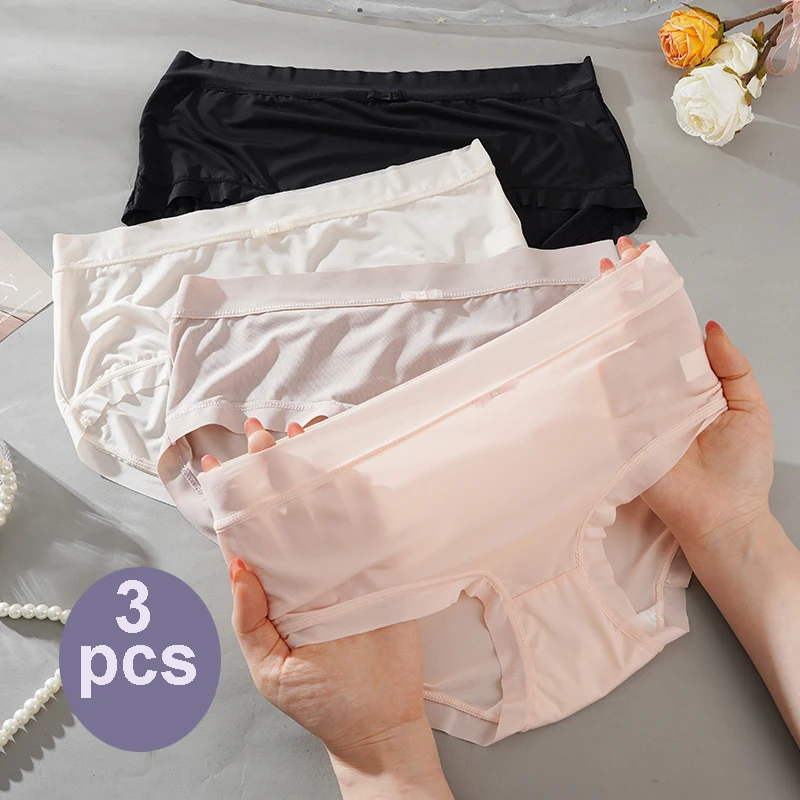 3PCS Women Panties Sexy Lingerie Ice Silk Quick Drying Briefs Female Seamless Underwear Solid Color Underpants Cool Panties