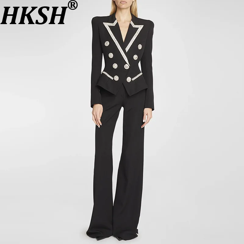 

HKSH осенний новый женский костюм с шипами и бриллиантами, двубортный облегающий элегантный темпераментный повседневный пиджак, офисные женские брюки HK11410