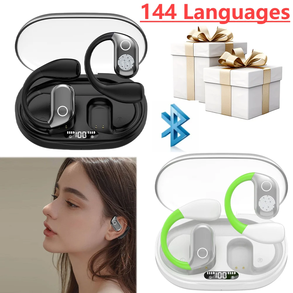 Bluetooth Earphones Translator Device 144 Languages Real Time Earphones Voice Two-Way OWS Translator HD Sound Open-Ear Earbud