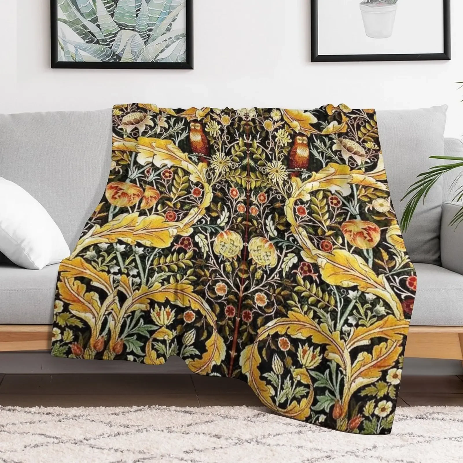OWL ON ACANTHUS LEAVES AND FLOWERS Yellow Brown Floral Throw Blanket Breathable Lightweight Blanket for Adults Kids