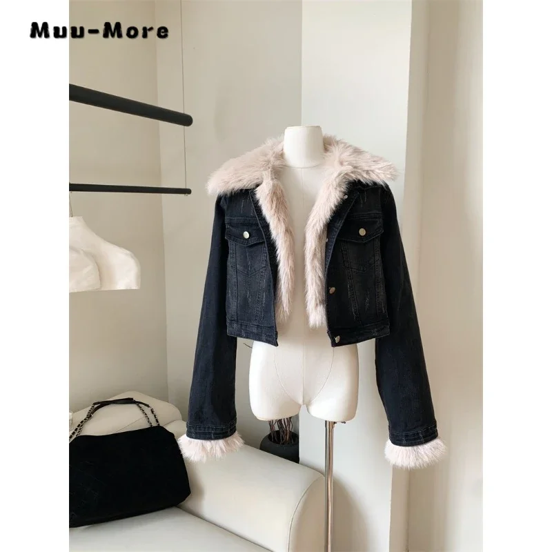

2023 Winter Women's Retro Fashion Single Breasted Patchwork Short Coat Korean Turn Down Collar Casual Warm Denim Jacket