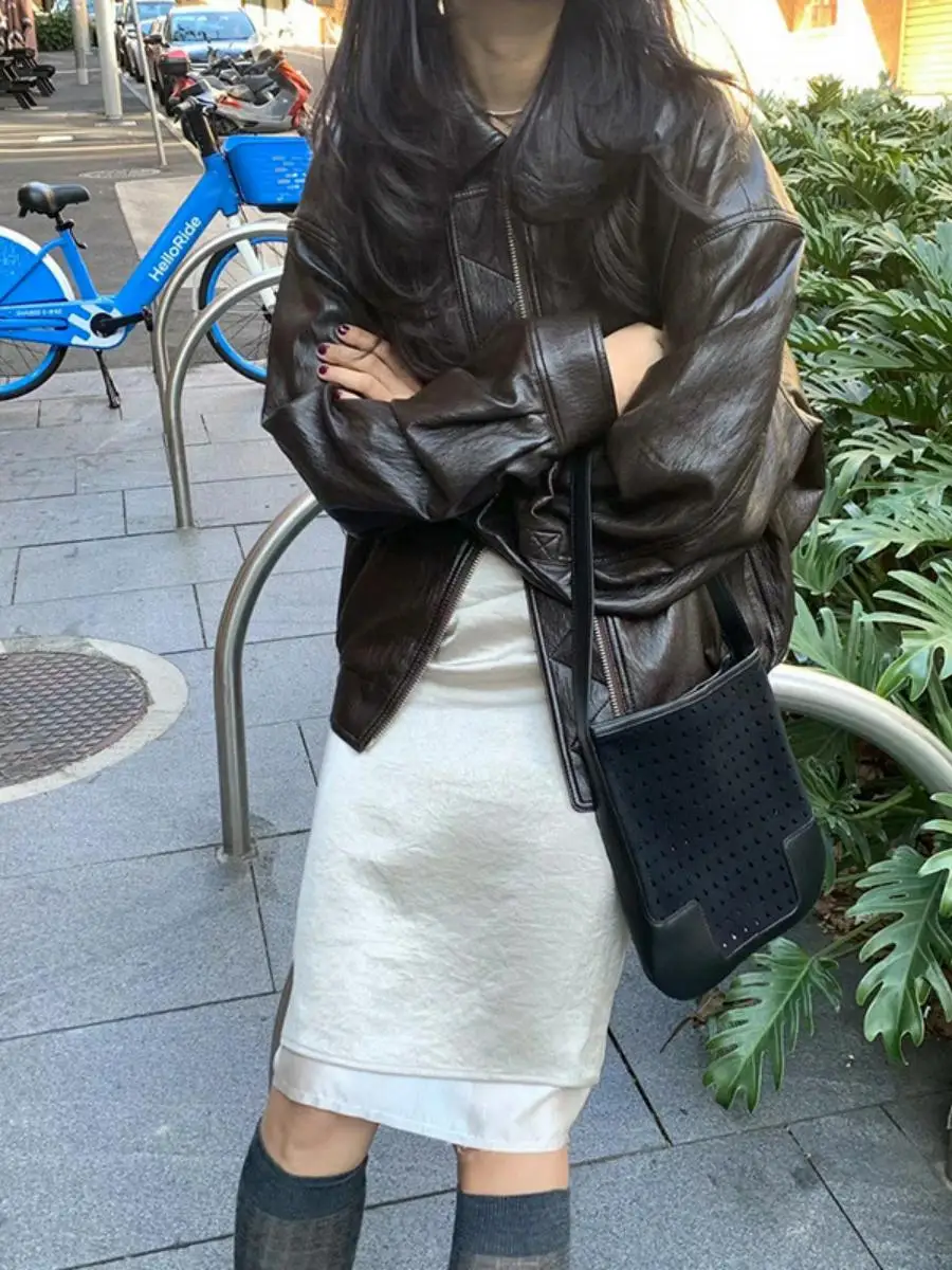 

Casual Leather Jacket Vintage Turn-down Collar Zipper PU Leather Long Sleeve Regular Length Women's Spring Fashion Outerwear