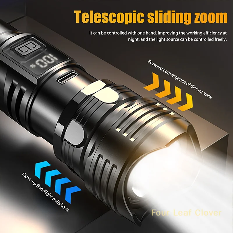 1 Set Retractable Digital Zoom Hand Light LED Flashlight Super Bright USB Rechargeable Ultra Power Torch Lamp For Camping