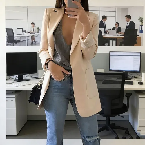 Imagen 2 del producto Chaqueta Elegante 2026 para Mujer, Traje de Oficina Casual Británico Profesional, Chaqueta sin Botones con Cuello y Bolsillos, Estilo Simple
