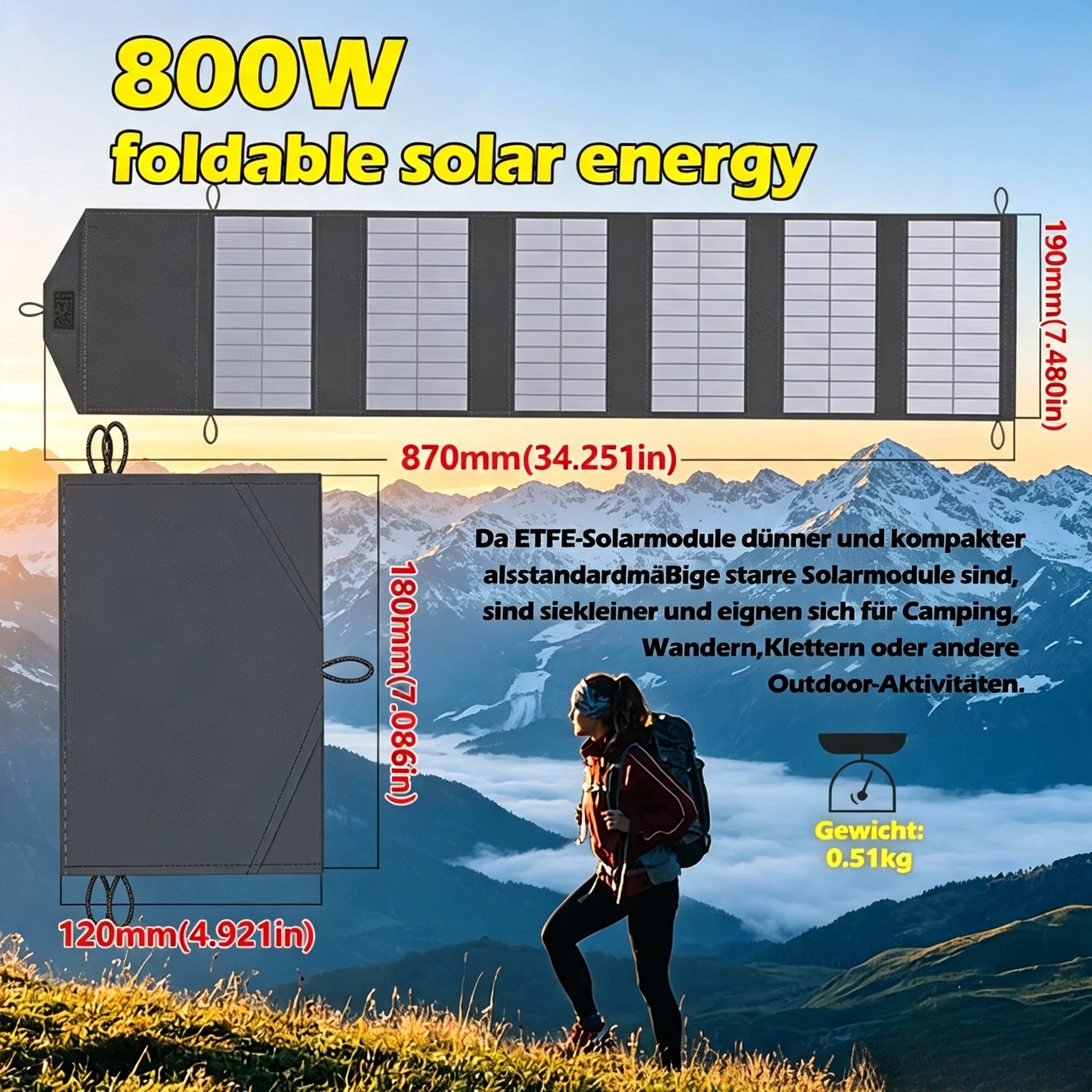 Foldable 800W Solar Charger, 6-Panel Design with Dual USB 5V and DC Ports for RV, Boating, and Off-Grid Power Supply Needs