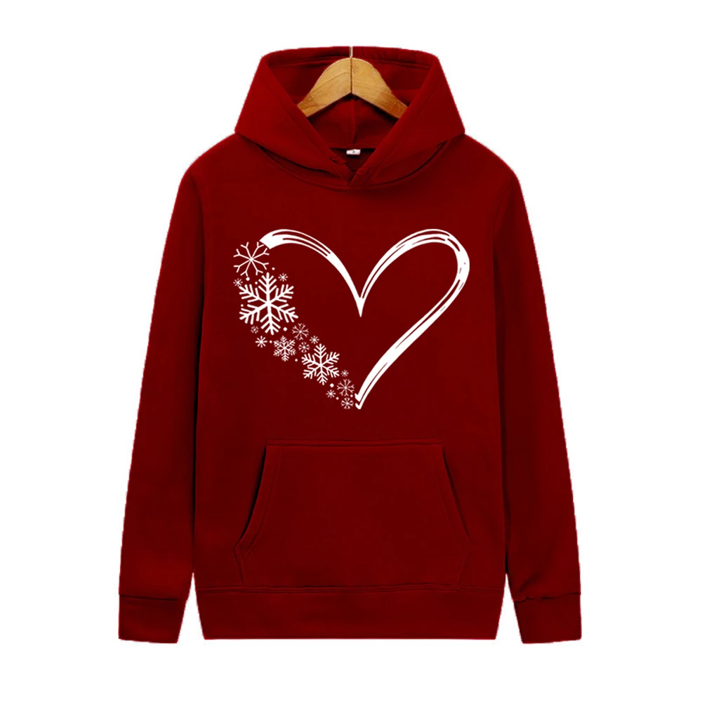 Christmas Snowflake Hoodie Snow Flake Heart Graphic Hooded Sweatshirt Cozy Winter Jumper Christmas Party Hoodies Santa Xmas Gift