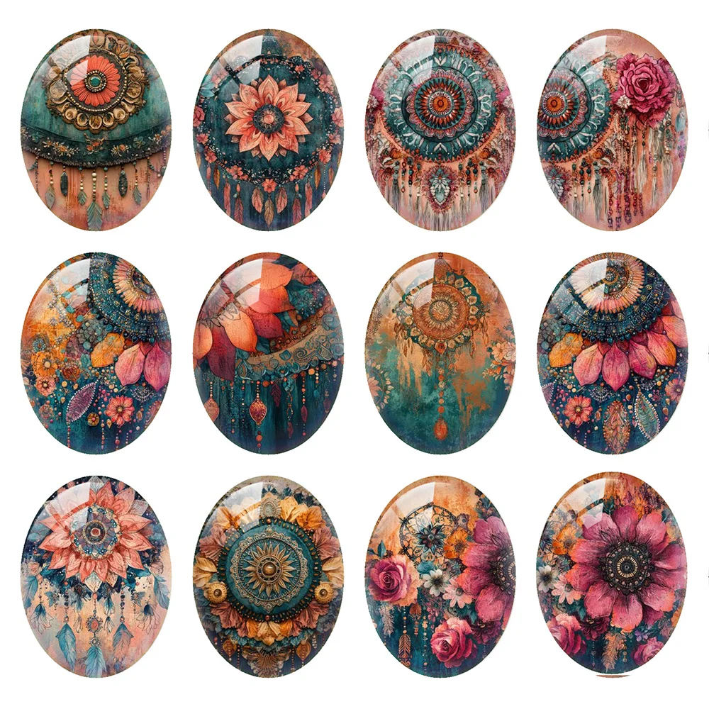 

Random Mixed Round/Oval/Square Flower Bohemian Style Photo Glass Cabochon Flatback Demo Cameo For Diy Jewelry Making