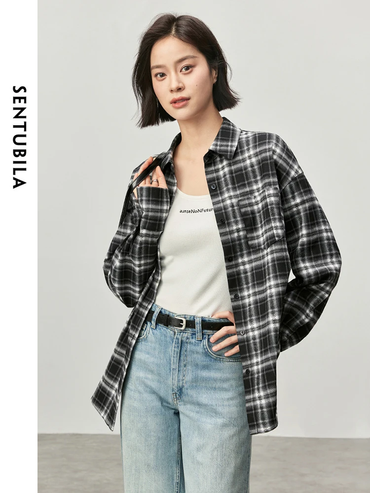 SENTUBILA Women Patchwork Loose Shirt   2024 Autumn Fashion Casual Turn Down Collar Long Sleeve  Blouse 143C56458