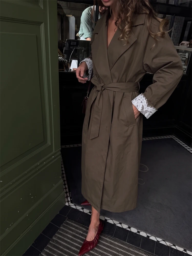 Womens Chic Khaki Long Trench Coat Belted Lapel Pockets Loose Fit Jacket Fall Winter Office Daily Streetwear Trendy Outerwear