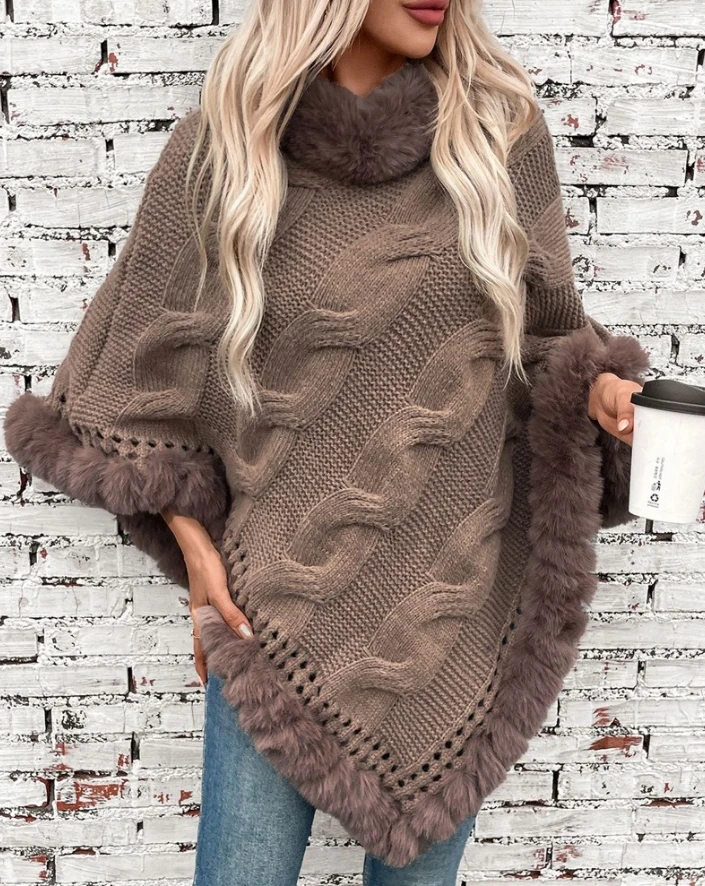 

Women's Sweater 2024 Winter Street Fashion Solid High Neck Cloak Long Sleeve Fuzzy Detail Asymmetrical Hem Knit Cape Sweater