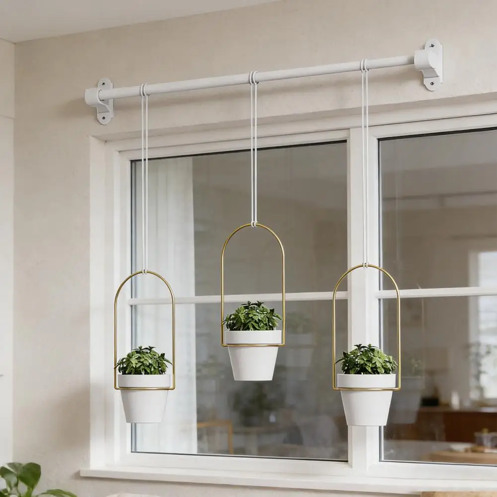 1 Set Hanging Plant Pot Wall Plant Hanger Includes Adjustable Metal Rod 3 Planters And Nylon For Indoor Windows Ceilings Walls
