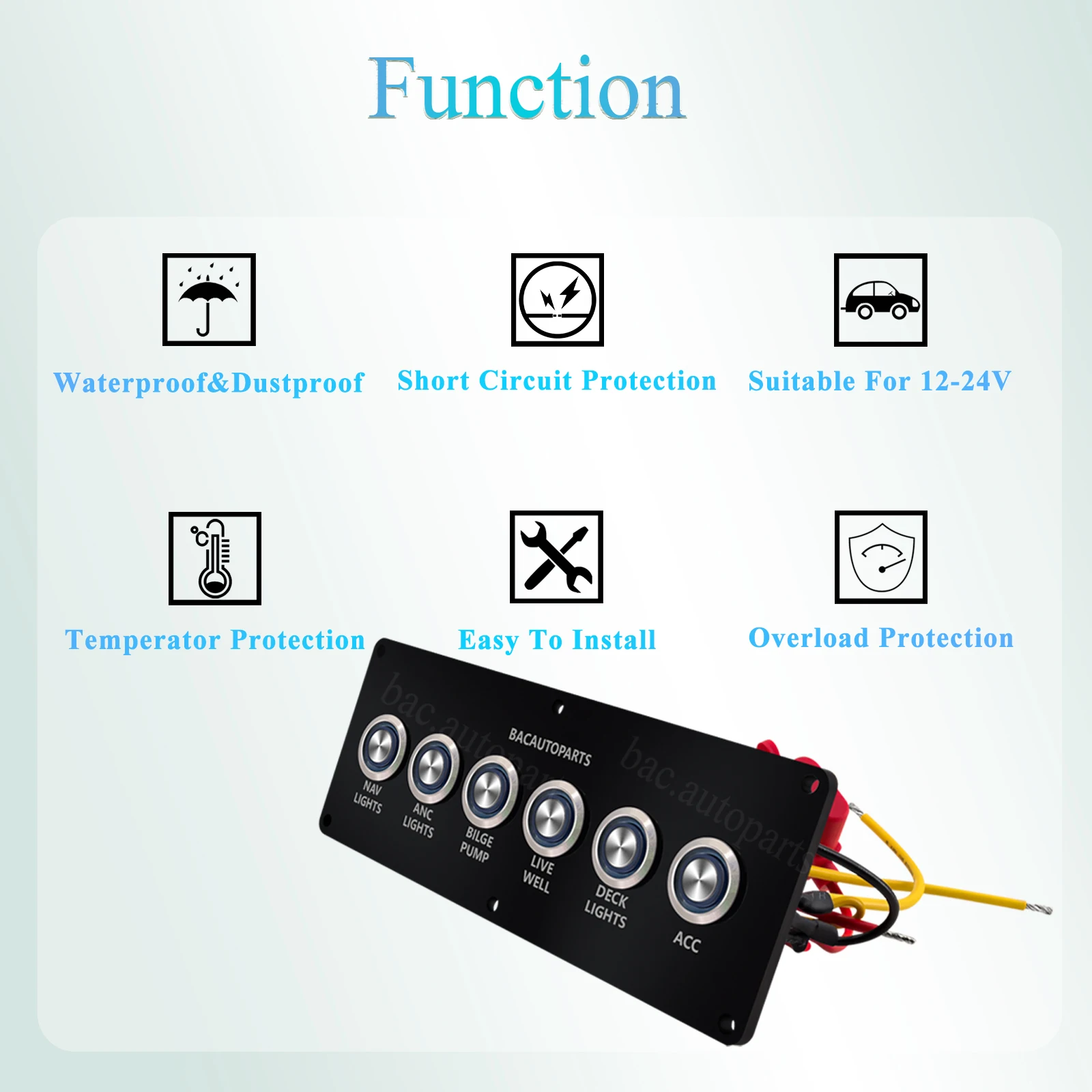 6 Way Marine Silver Metal Acrylic Self-Locking Push Button Switch Pre-Wired ON OFF Navigation Anchor Bilge for Car Boat Yachts