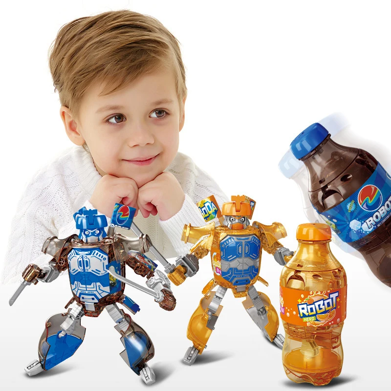 Creative Cartoon Deformation Robot Soda Drink Styles Toys Brothers Anime Drinking Robot Toys Kids Transform Car Juguetes Gift