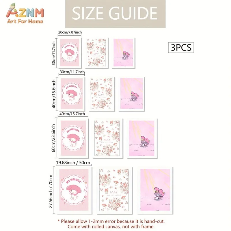 AZNM Unframed Canvas Wall Art My Melody Floral Leisure Sunbath Sanrio Poster Soft Pink Style Girls Room Wall Hanging Gift For