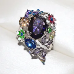 Multicolor Flower Oval Purple Crystal Zircon Ladies Wedding Ring Fashion Light Luxury Cocktail Party Jewelry Accessories Bridal