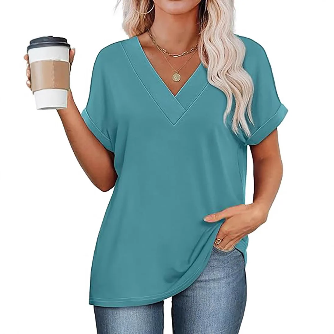 Women's Summer Tops Bat Sleeve Shirt 2025 Fashion V-neck Casual All-match T-shirt Women Clothing