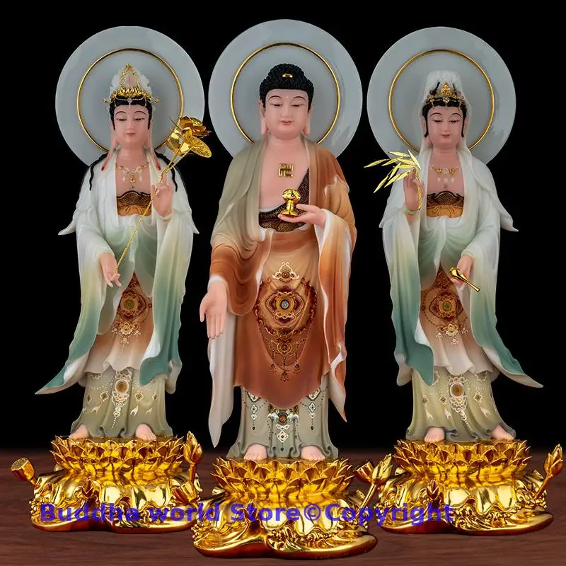 

A set 3PCS HOME Shrine protection Buddhism XI FANG SANSHENG jade Guan yin Amitabha Mahasthamaprapta Buddha God statue 53CM Large