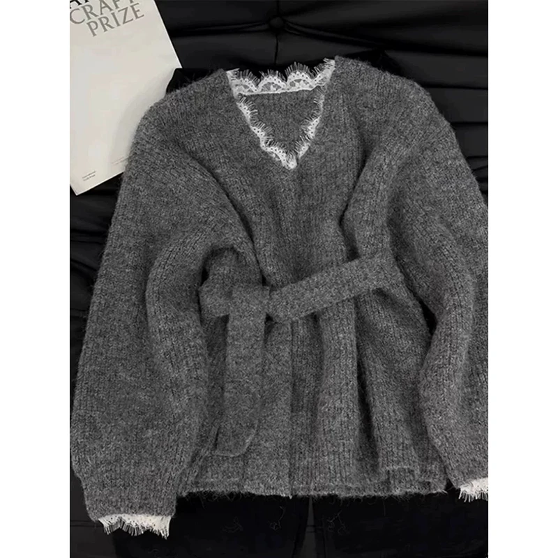 YIBASHU Donna Grigio Gotico Strap Maglione Set Harajuku Coreano Y2k Maniche Lunghe Maglioni di Pizzo Inverno College Vintage 2000s Vestiti