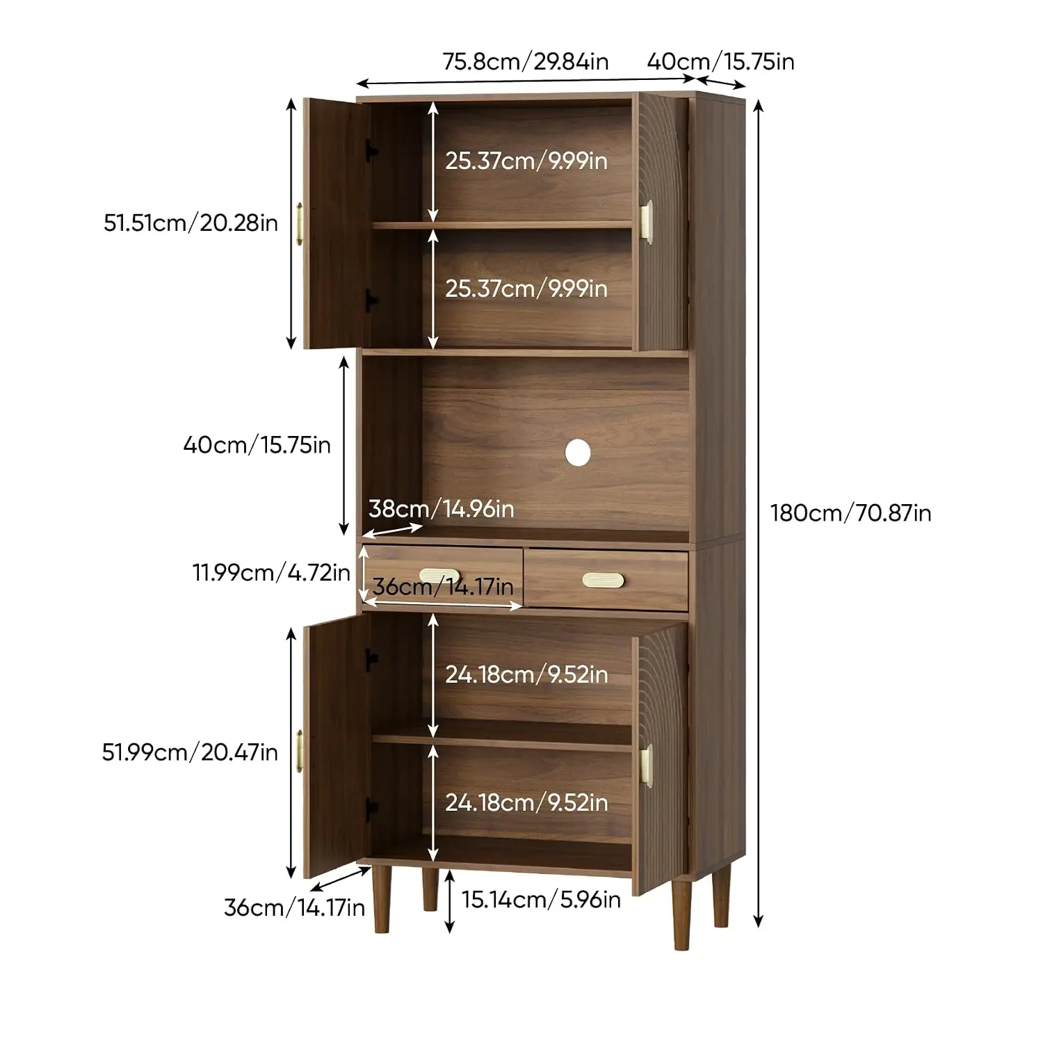 Tall Kitchen Pantry Cabinet, Grooved Doors, 2 Drawers, Adjustable Shelves, Gold Handles, Dining Bathroom, Walnut, Customized