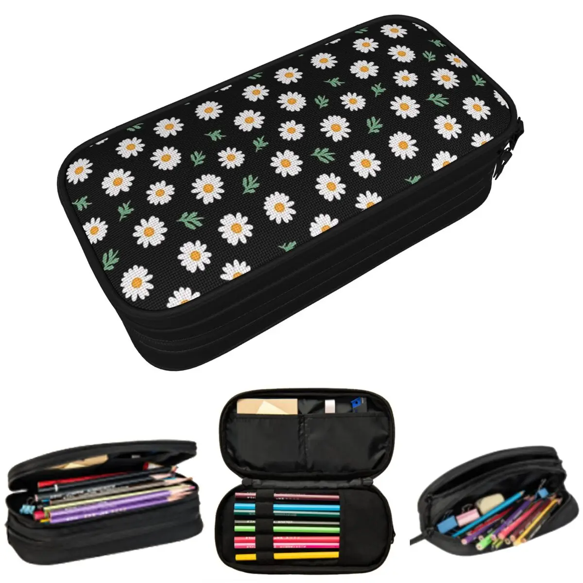 

Daisy Pattern On Black Pencil Cases Large Capacity Pen Bags Pen Box Pencil Pouch For Boys Girl Students Stationery School Office