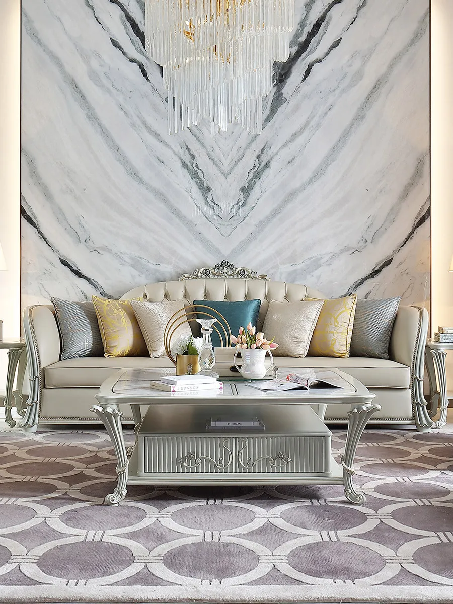 CX light luxury solid wood leather sofa European court carved villa large flat living room sofa group